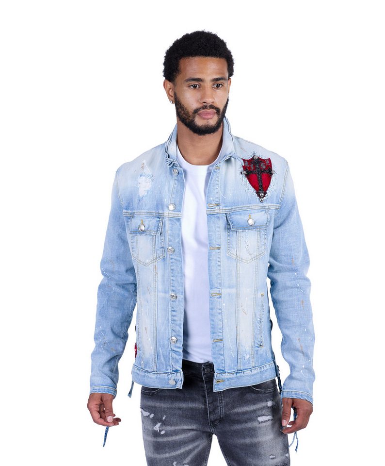 KINGZ Jeansjacke Herren Designer Retro Jeansjacke mit Wappen Light Blue M von KINGZ