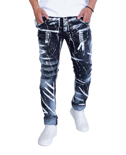 KINGZ Lässige Herren Biker Designer Jeans in Slim Fit Black White W36/L34 von KINGZ