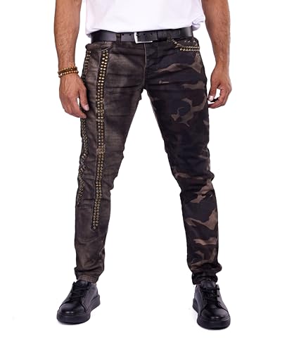 KINGZ Military Jeans im Batik-Look mit Nieten und Kunstleder Applikationen in Slim-FIT mit Stretch Camouflage L von KINGZ
