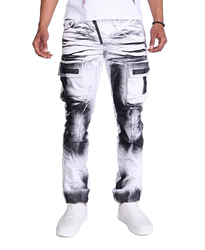 KINGZ Rebelische Herren Designer Jeans mit Cargotaschen Weiß XL von KINGZ