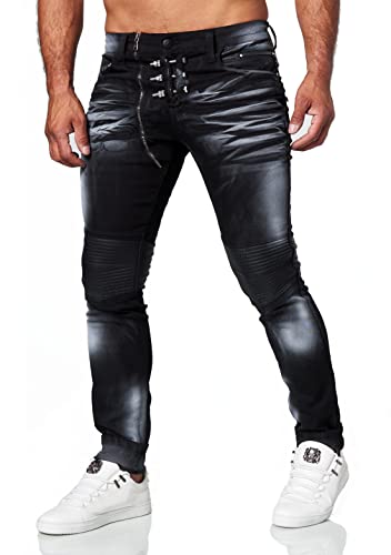 KINGZ Schrauben Herren Jeans Designer Jeans Freizeithose Slim-Fit Batik-Look 1521 Black W33/L34 von KINGZ