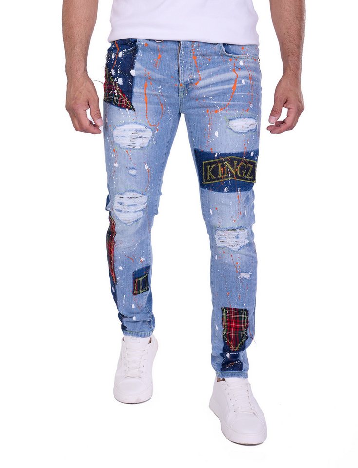 KINGZ Slim-fit-Jeans Exclusive Herren Patchwork Designer Jeans Blau W36/L34 von KINGZ