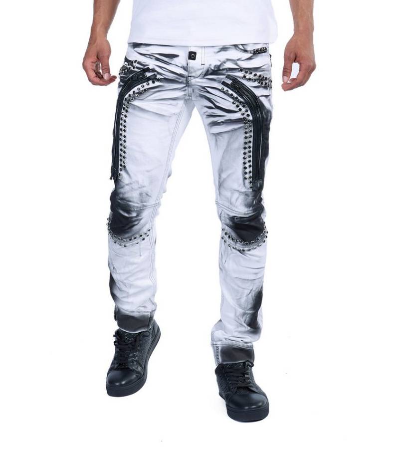 KINGZ Slim-fit-Jeans KINGZ Herren Jeans Batik Designer Jeans Weiß W29/L34 von KINGZ