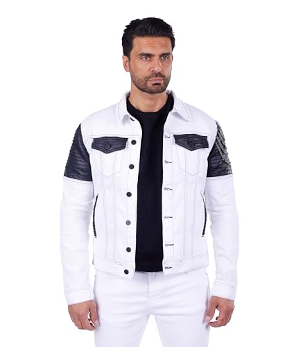 KINGZ Weiße Herren Jeansjacke mit lässigem Totenkopf und Nieten in SLIM-FIT Weiß XL von KINGZ