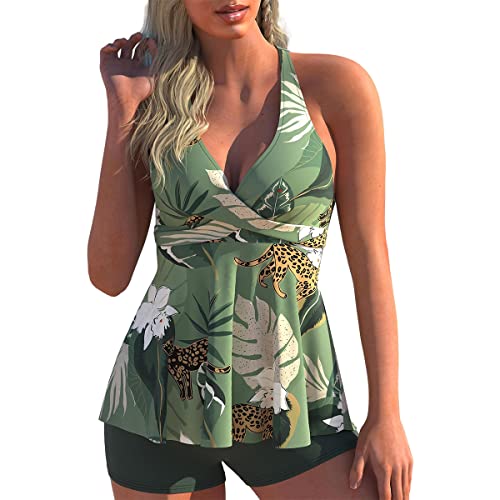 KINLYBO 2 Stück Plus Größe Frauen Tankini Badeanzüge Hohe Taille Floral Bademode Set, grün, 50 von KINLYBO