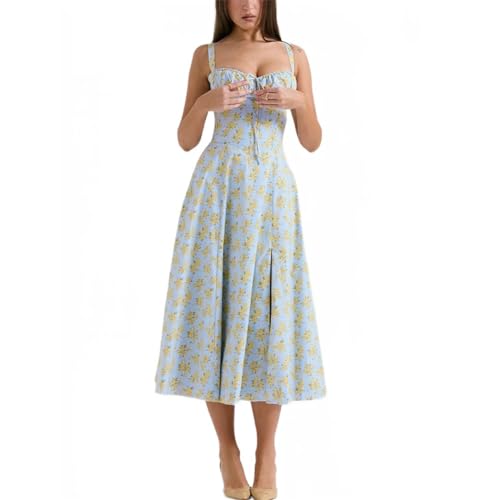 KINLYBO Blumenkleid Slim Fit Offener Rücken A-Linie Kleid mit Riemen und Taille Sommer Swing Kleid, Blau / Gelb, Medium von KINLYBO
