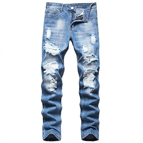 KINLYBO Herren Jeans Löcher Vintage Ripped Skinny Hose Slim Straight Pants, Blau 332, 42 von KINLYBO