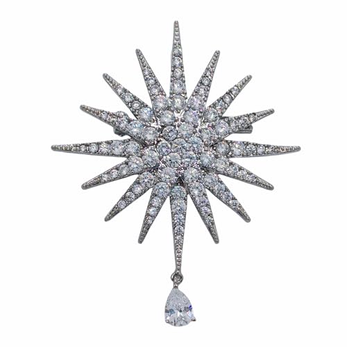 Kristall Starburst Brosche mit Tropfenanhänger, Silberfarben, Strahlenförmiges Design Kristall Starburst Brosche mit Tropfenanhänger, Silberfarben, Strahlenförmiges Design von KINMOT