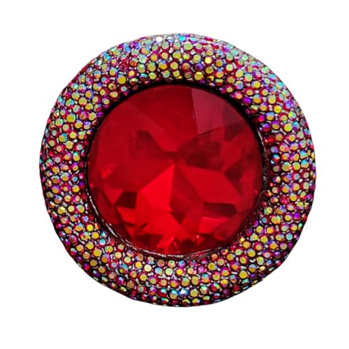 Runde Brosche mit Großem Rotem Kristall, Regenbogen-Glitzer Umrandung, Modeschmuck Runde Brosche mit Großem Rotem Kristall, Regenbogen-Glitzer Umrandung, Modeschmuck von KINMOT