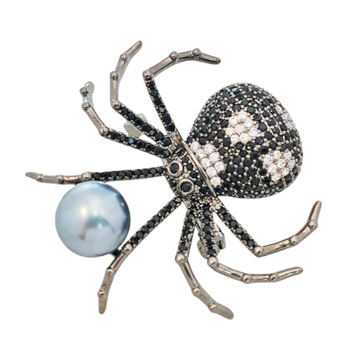 Spinnen-Brosche mit schwarz-weißem Körper und simuliertem Zirkon in Pflasterfassung mit Kunstperle – lebensechte Insekten-Brosche für Frauen von KINMOT