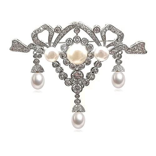 Vintage Brosche mit Perlen und Kristallen, Schleifendesign, Silberfarbener Schmuck mit Tropfenperlen Vintage Brosche mit Perlen und Kristallen, Schleifendesign, Silberfarbener Schmuck mit Tropfenperlen von KINMOT