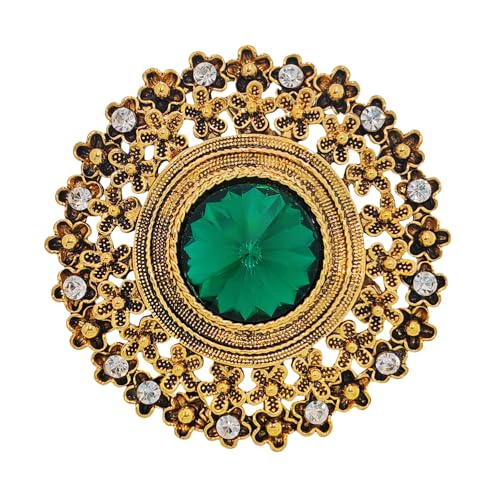 Vintage Brosche mit Smaragdgrünem Kristall, Antik-Gold Finish, Blumenmuster mit Strasssteinen von KINMOT