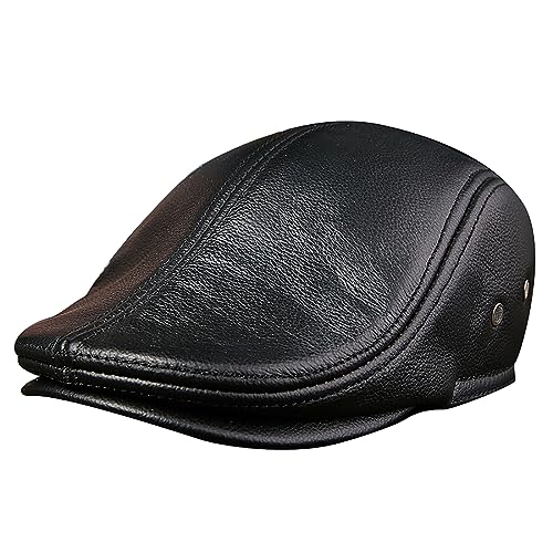KINROCO Herren Schiebermütze Leder Jagd Flatcap Newsboy Cap Ivy Golf Cabbie Gatsby Hut(Size:57-58cm/22.4-22.8in,Color:Schwarz) von KINROCO