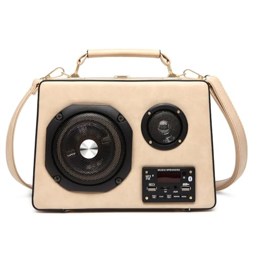 KINROCO Radio Box geformte Handtaschen mit Bluetooth-Kompatiblen Lautsprecher für Frauen Mädchen Umhängetasche PU Crossbody Bag(Color:Gebrochenes Weiß) von KINROCO