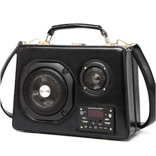 KINROCO Radio Box geformte Handtaschen mit Bluetooth-Kompatiblen Lautsprecher für Frauen Mädchen Umhängetasche PU Crossbody Bag(Color:Schwarz) von KINROCO