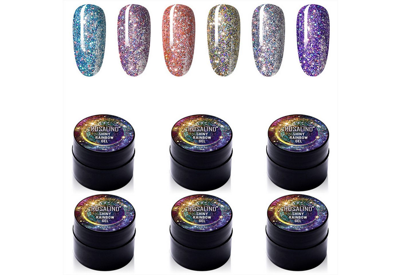 KINSI Nagellack-Set Gel-Nagellack Set mit Glitzer & Diamant-Effect - 6 Farben, No-Wipe Top Coat für langanhaltende French Maniküre zu Hause von KINSI