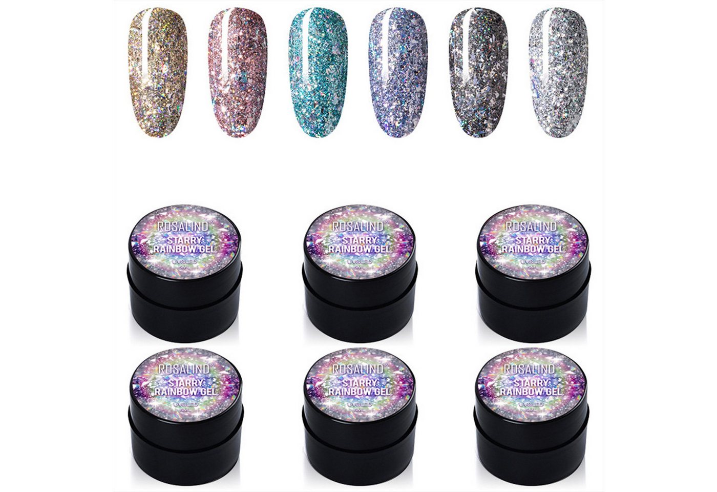 KINSI Nagellack-Set Gel-Nagellack Set mit Glitzer & Diamant-Effect - 6 Farben, No-Wipe Top Coat für langanhaltende French Maniküre zu Hause von KINSI