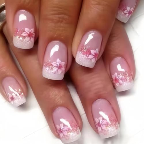 Kurze Blume Stick On Nails Set 24 Stück Floral Press on Nails Maniküre Nägel Kunst Dekoration für Frauen und Mädchen von KINSPON
