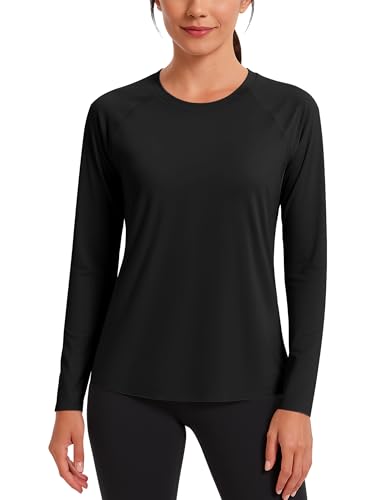 KINSWT Damen UPF 50+ Rashguard Langarm Badeshirt Sonnenschutz UV LSF Leicht Feuchtigkeitstransport Tops, Schwarz, XS von KINSWT