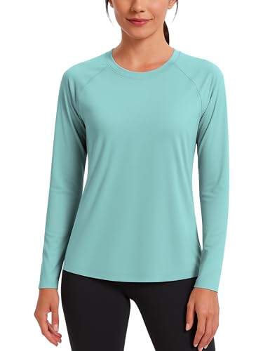 KINSWT Damen UPF 50+ Rashguard Langarm Badeshirt Sonnenschutz UV LSF Leicht Feuchtigkeitstransport Tops, Seeblau, XL von KINSWT