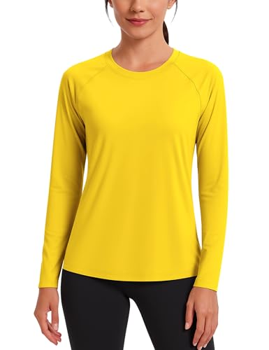KINSWT Damen UPF 50+ Rashguard Langarm Badeshirt Sonnenschutz UV LSF Leicht Feuchtigkeitstransport Tops, gelb, XL von KINSWT