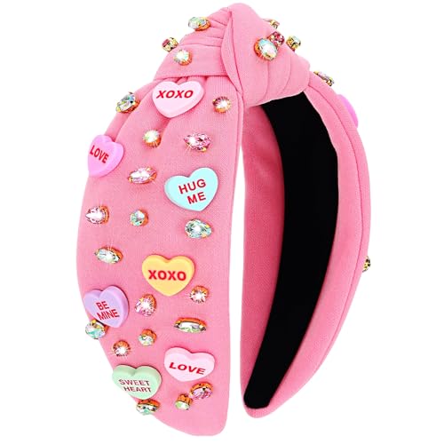 KINYFY Valentinstag-Stirnband für Frauen, Liebesherz, XOXO Stirnband, Strass, Kristall, geknotetes Stirnband, niedliches breites Stirnband für Valentinstag, Party, Geburtstag, Jahrestag (Rosa) von KINYFY