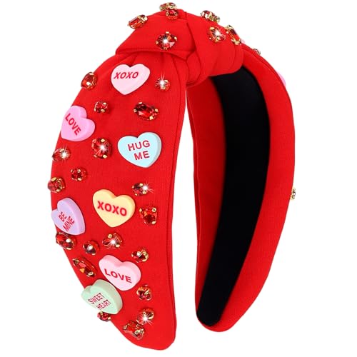 KINYFY Valentinstag-Stirnband für Frauen, Liebesherz, XOXO Stirnband, Strass, Kristall, geknotetes Stirnband, niedliches breites Stirnband für Valentinstag, Party, Geburtstag, Jahrestag (rot) von KINYFY