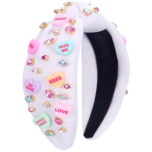 KINYFY Valentinstag-Stirnband für Frauen, Liebesherz, XOXO Stirnband, Strass, Kristall, geknotetes Stirnband, niedliches breites Stirnband für Valentinstag, Party, Geburtstag, Jahrestag (weiß) von KINYFY