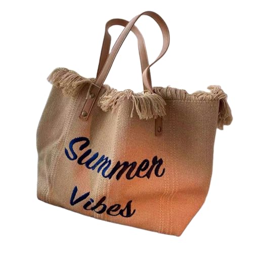 KINZE Canvas-Handtasche Fairy Bag Damen Koreanischer Stil Quasten Handeinkaufstasche Retro Bestickte Kupplungsumhängetasche-Khaki-50 * 14 * 36 Cm von KINZE