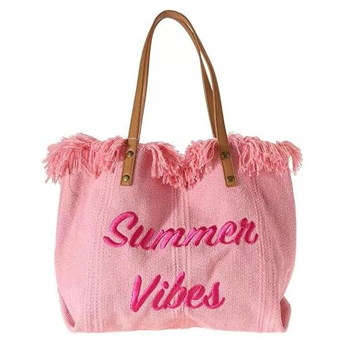 KINZE Canvas-Handtasche Fairy Bag Damen Koreanischer Stil Quasten Handeinkaufstasche Retro Bestickte Kupplungsumhängetasche-Rosa-50 * 14 * 36 Cm von KINZE