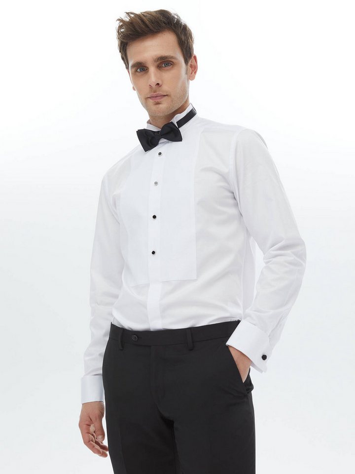 KİP Langarmhemd Weißes Slim Fit Doppel-Manschetten Smokinghemd von KİP