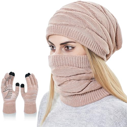 KIRAAT Damen Slouchy Beanie Schal Handschuhe Set für Mädchen Warme Strick Winter Ski Hut mit Fleece gefüttert (Rosa) von KIRAAT