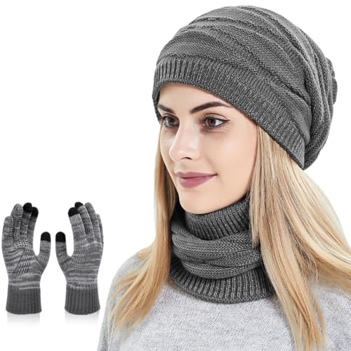 KIRAAT Damen Slouchy Beanie Schal Handschuhe Set für Mädchen Warme Strick Winter Ski Hut mit Fleece gefüttert (grau) von KIRAAT