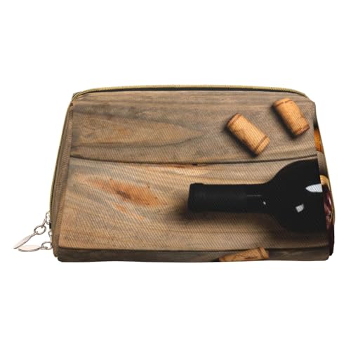 Braune Make-up-Tasche aus Holz für Reisen, Leder-Kosmetiktasche, tragbare Kulturtasche, Organizer für Damen/Herren, Weinflaschen-Korken Trauben, Einheitsgröße von KIROJA