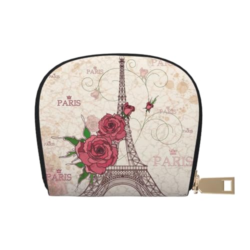 KIROJA Grape Wine Leather Card Slots Credit Card Holder Small Card Case with Zipper for Women/Men,Accordeon Card Bag, Eiffelturm Rose Blume, Einheitsgröße von KIROJA