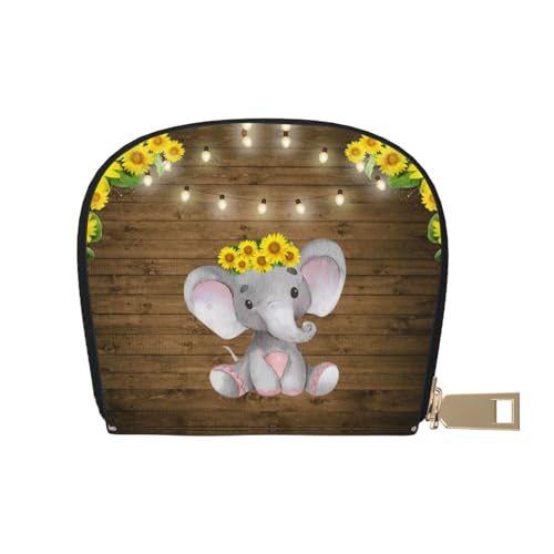 KIROJA Halloween Hexe Leder Kartenfächer Kreditkartenetui Kleine Kartenetui mit Reißverschluss für Damen/Herren, Akkordeon-Kartenetui, Sonnenblumen-Elefant Holzboden, Einheitsgröße von KIROJA