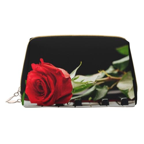 Kosmetiktasche aus Leder mit roter Rose auf Klavier, für Reisen, tragbare Kulturbeutel, Organizer für Damen/Herren, Rote Rose auf Klavier, Einheitsgröße von KIROJA