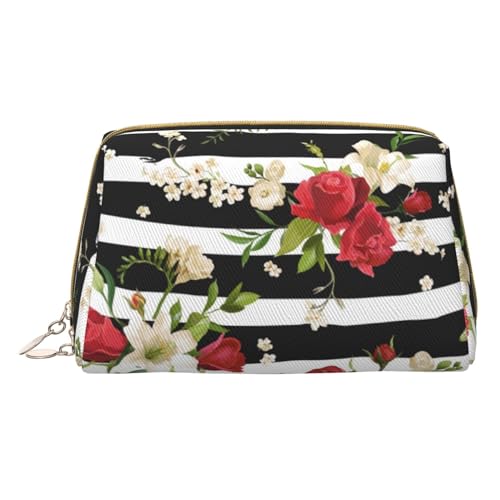 Make-up-Tasche aus Leder mit Flugzeugkunst, tragbar, für Damen/Herren, Schwarz Weiß Streifen Rot Rose Blumen, Einheitsgröße von KIROJA