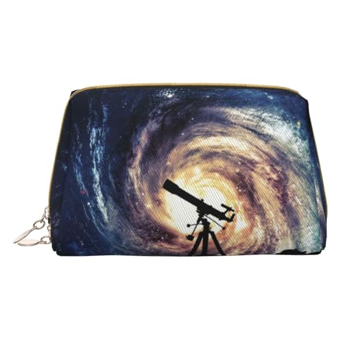 Make-up-Tasche aus Leder mit Schmetterling und Cello, tragbar, für Damen/Herren, Weltraum-Galaxie mit Teleskop, Einheitsgröße von KIROJA