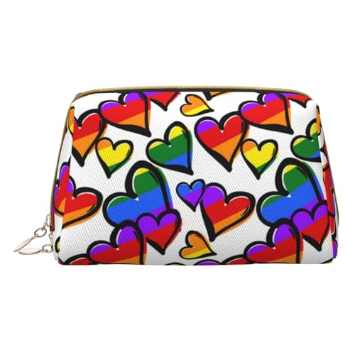 Make-up-Tasche mit Regenbogen-Herzen für Reisen, Leder, Kosmetiktasche, tragbare Kulturtasche, Organizer für Damen/Herren, Regenbogenfarbene Gay-Pride-Herzen, Einheitsgröße von KIROJA