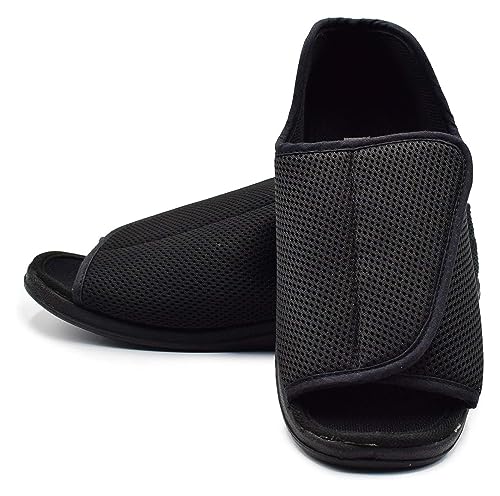 KIRROU Herren-Hausschuhe mit breiter Breite, verstellbar, for Diabetiker, offene Zehen, Bequeme Wanderschuhe for Arthritis, Ödeme, geschwollene Füße, ältere Menschen Gesunde (Color : Dark Blac von KIRROU