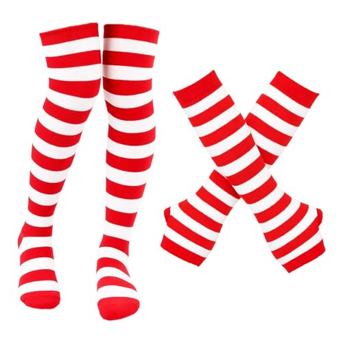 Rot Gestreifte kniestrümpfe und Handschuhe,damen handschuhe und Kniestrümpfe,1 Paar Damen Fingerlos handschuhe & 1 Paar Überknie Lange kniestrümpfe,Karneval Kostüm Damen Zubehör von KIRVOS