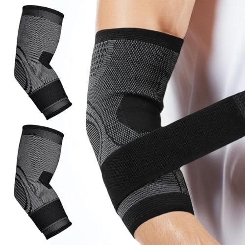 KIRZAX 2 Stücke Ellenbogenbandage, Rutschfeste Tennisarm Bandage Ellenbogenmanschetten,Ellenbogen bandagen Herren und Damen,für Sehnenentzündung Gelenkschmerzen Kraftsport(L, Schwarz mit Riemen) von KIRZAX
