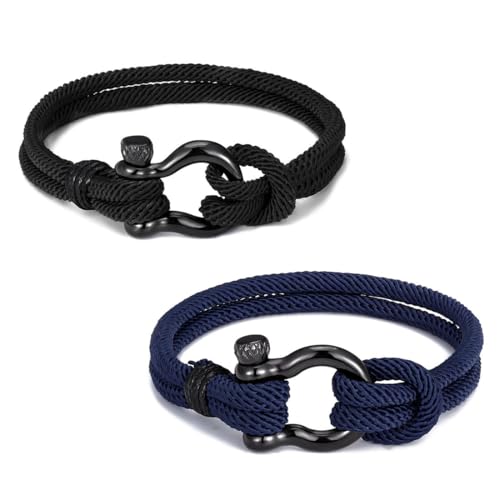 KIRZAX 2 pcs Armband Herren Schwarz Segeltau Surferarmband,Handgemacht Surfer Armband Paracord für Männer und Damen Nautic Seil Armband Einstellbar Geflochtenes Armbänder von KIRZAX