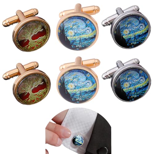 KIRZAX 3 Paar Manschettenknöpfe für Herren, modische Manschettenknöpfe im Retro-Stil mit Edelsteinen, Manschettenknöpfe für Herrenhemden, Manschettenknöpfe-Set, klassische runde Manschettenknöpfe von KIRZAX