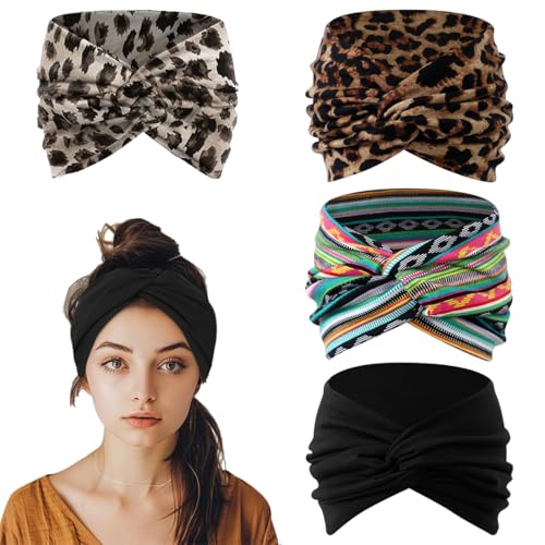 KIRZAX 4 Stück Haarband Damen, Dünn Rutschfest Haarbänder,Elastische Stirnband,Weiches Headband Hair Band für Yoga Exercise Workout Laufen Gym (Leopardenmuster, Einfarbig) von KIRZAX