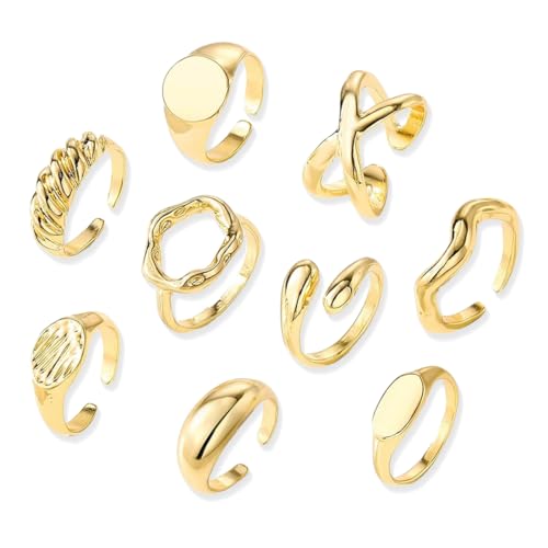 KIRZAX 9 Stück Gold Ringe für Damen Chunky Rings Klobige Ringe Knuckle Ringe Offene Verstellbarer Ring Stapelbare Fingerring Gold Chunky Dome Ring Dicke Offene Ringe Set Stapel Ringe für Frauen von KIRZAX