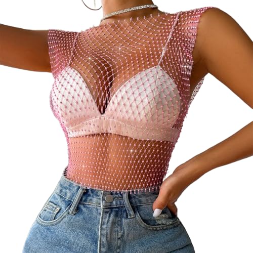KIRZAX Glitzernde Damen-Oberteile mit Strasssteinen und glänzendem Netzstoff, glitzernde Bikini-Oberteile, schwarze Oberteile mit Strasssteinen, ideal für Nachtclubs, Partys und Festivals von KIRZAX