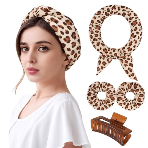 KIRZAX Locken-Stirnband ohne Hitze über Nacht mit doppellagiger Haube,Lockenwickler Locken Ohne Hitze,weiche Lockenwickler zum Schlafen,Seidenhaube für Frauen und Mädchen, langes Haar(Leopard) von KIRZAX