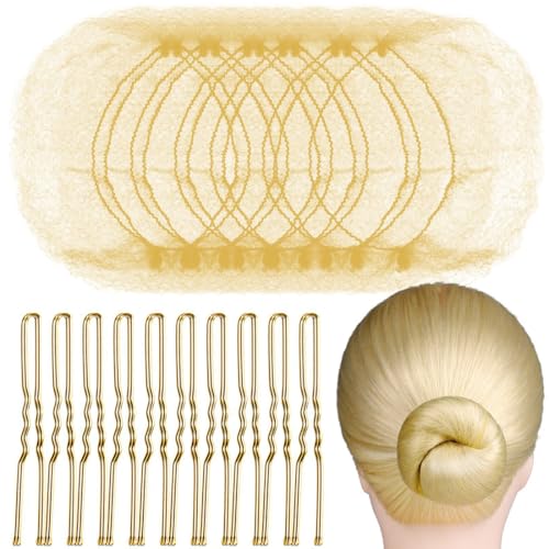 KIRZAX Unsichtbare Haarnetze, 20 Stück Unsichtbare Haarnetz mit 40 Stück Haarnadeln, Nylon Haar Netze für Buns, Mädchen Hochsteckfrisuren Zubehör für Kurze und Dünnes Haar Balletttänzerin(Gold) von KIRZAX